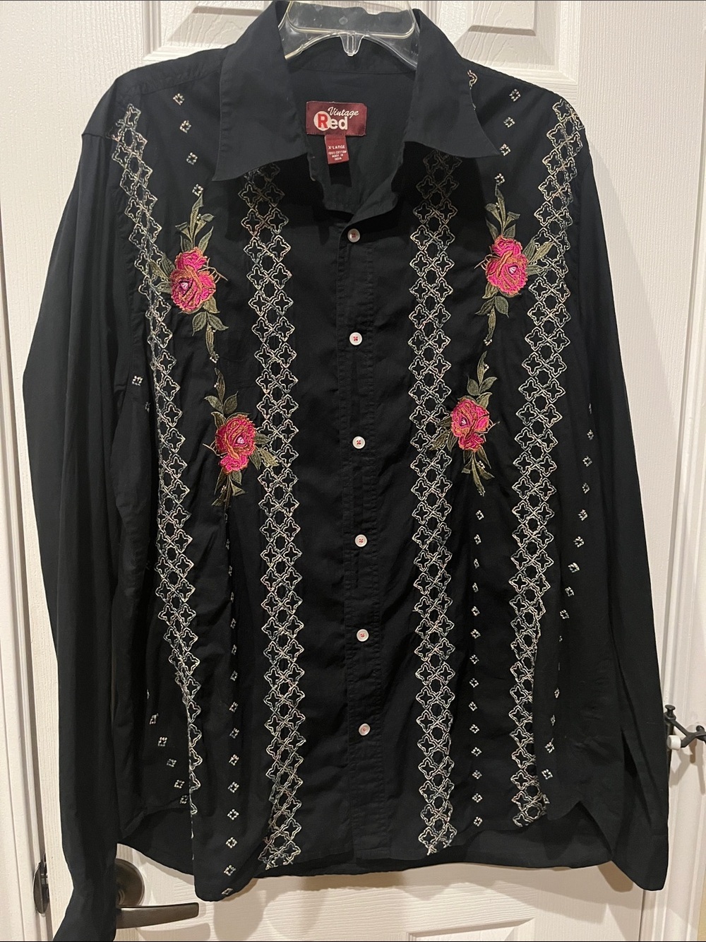 Vintage Red Black Button-Down Shirt with Pink Rose Embroidery